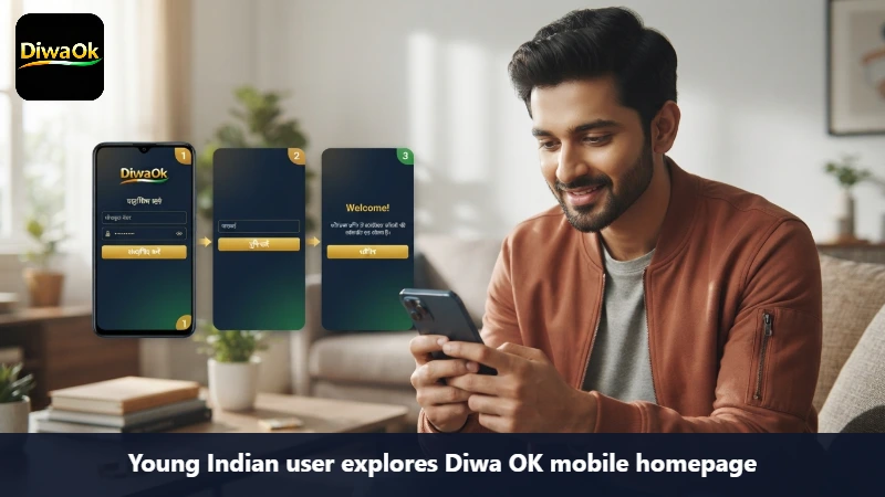 Young Indian user explores Diwa OK mobile homepage