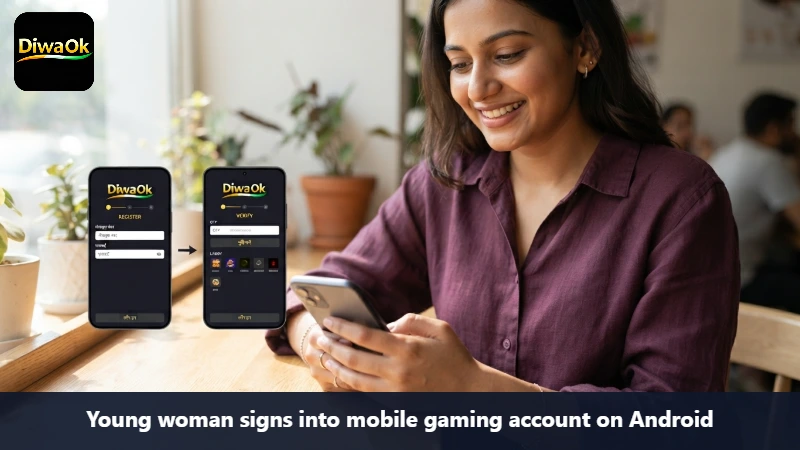 Young woman signs into mobile gaming account on Android